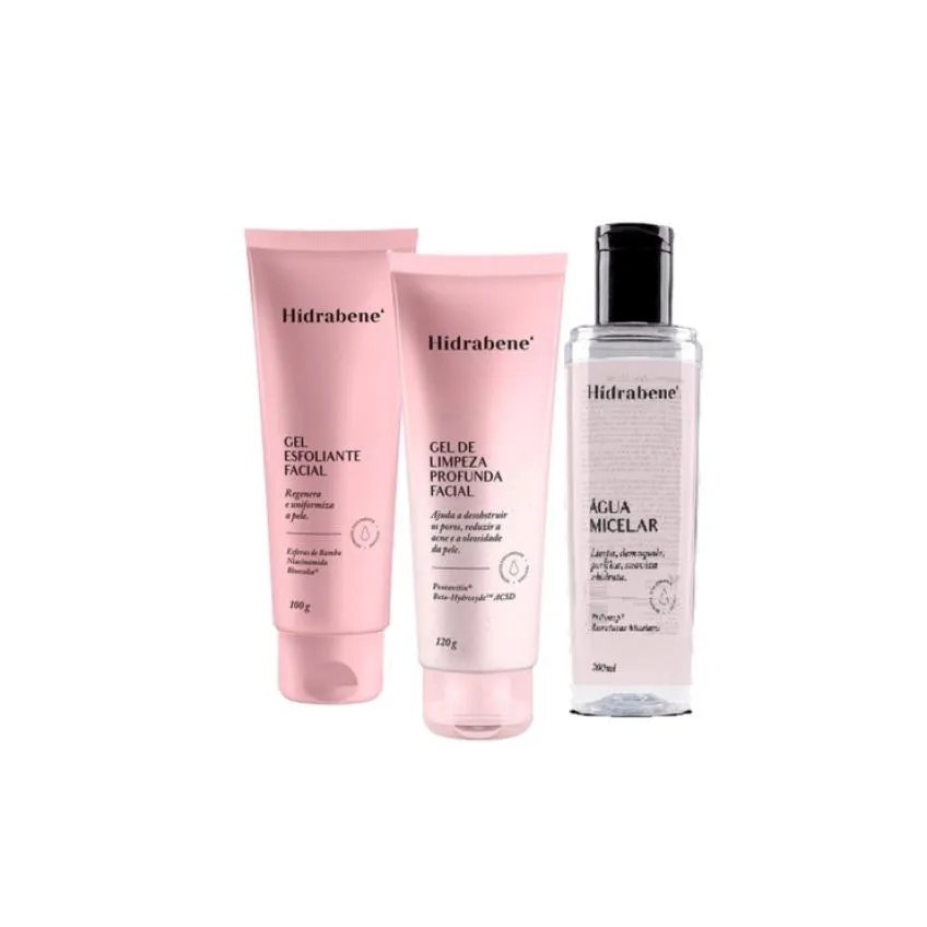 KIT SKIN CARE HIDRABENE (AGUA MICELAR + GEL ESFOLIANTE + GEL DE LIMPEZA PROFUNDA) - PROPORCIONA UMA LIMPEZA PROFUNDA