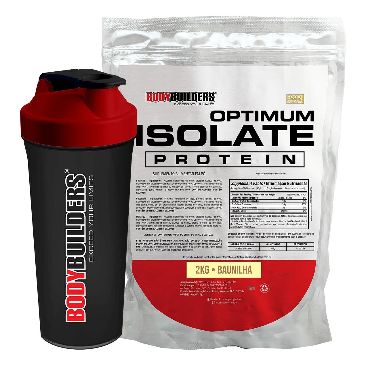 Kit Proteína Isolada BodyBuilders Optimum Isolate Protein Baunilha 2kg + Coqueteleira Shaker 600ml