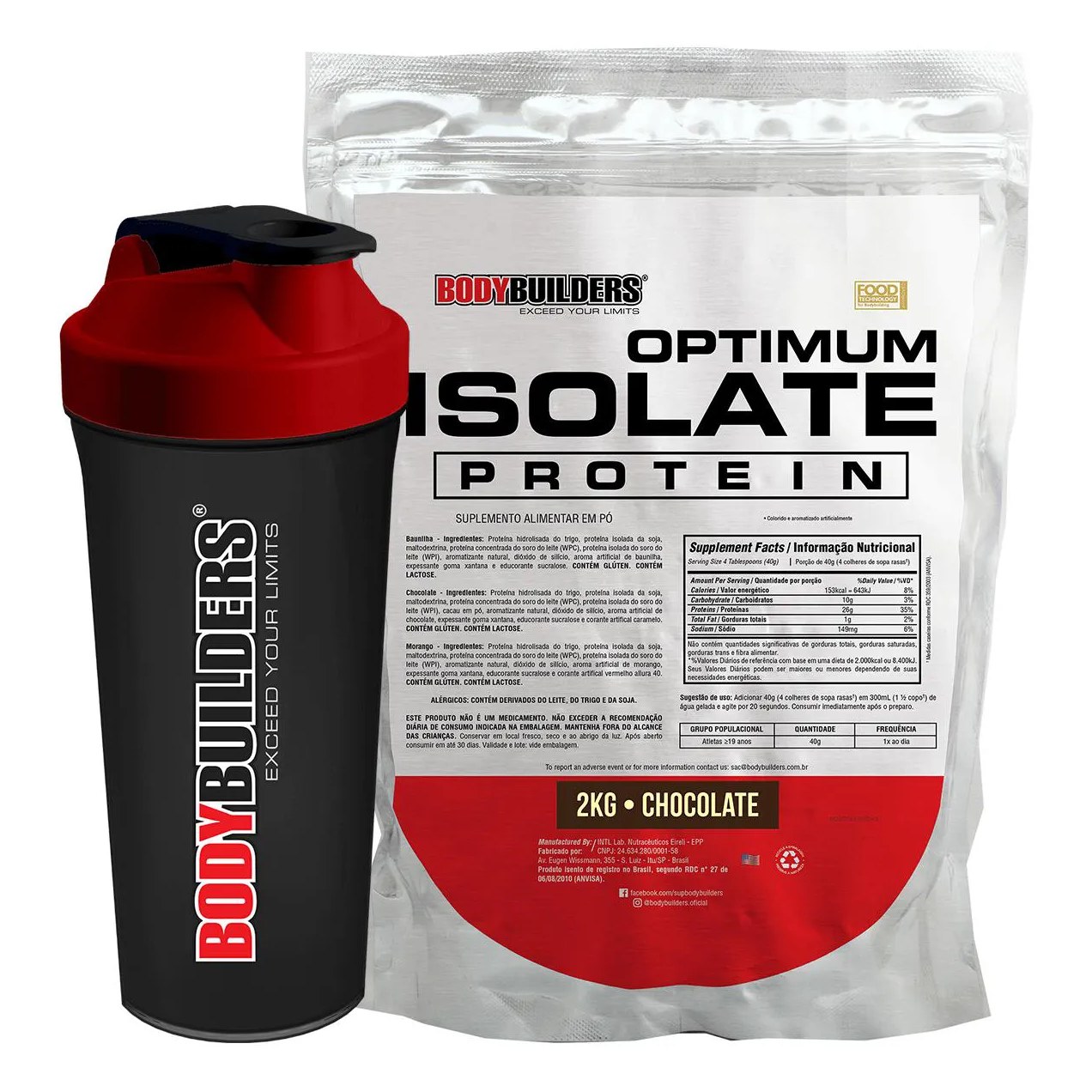 Kit Proteína Isolada BodyBuilders Optimum Isolate Protein Chocolate 2kg + Coqueteleira Shaker 600ml
