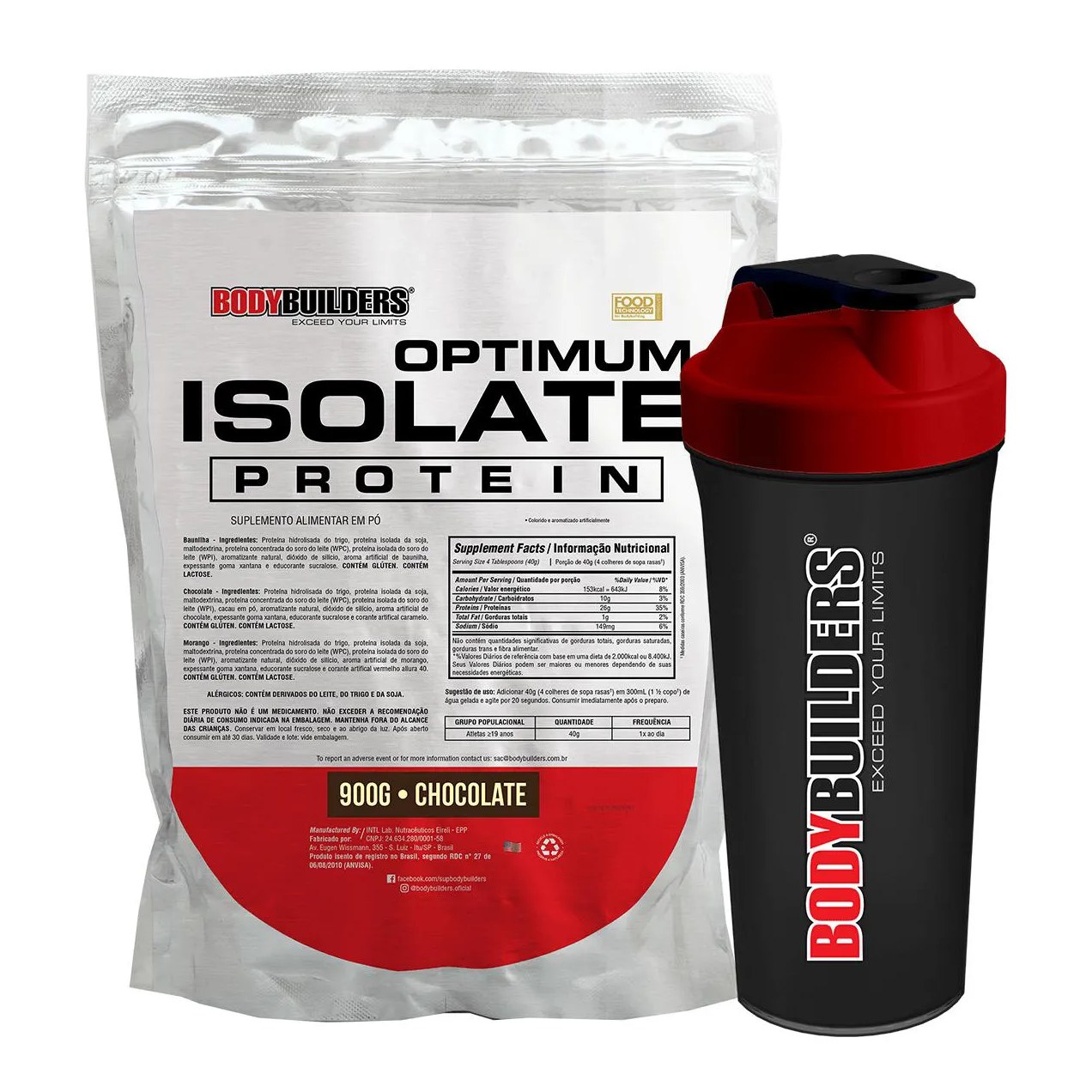 Kit Suplemento em Pó Optimum Isolate Whey Protein 900g + Coqueteleira Shaker 600ml - Força e Resistência - Bodybuilders Chocolate