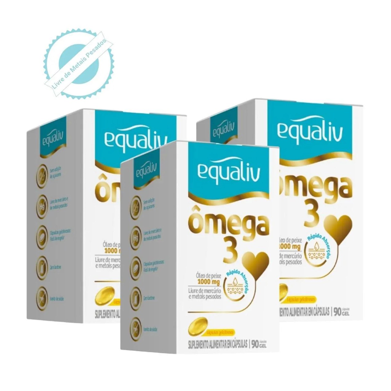 Kit 3 Ômega 3 1000mg Livre de Metais Pesados 90 cápsula Equaliv sem Sabor