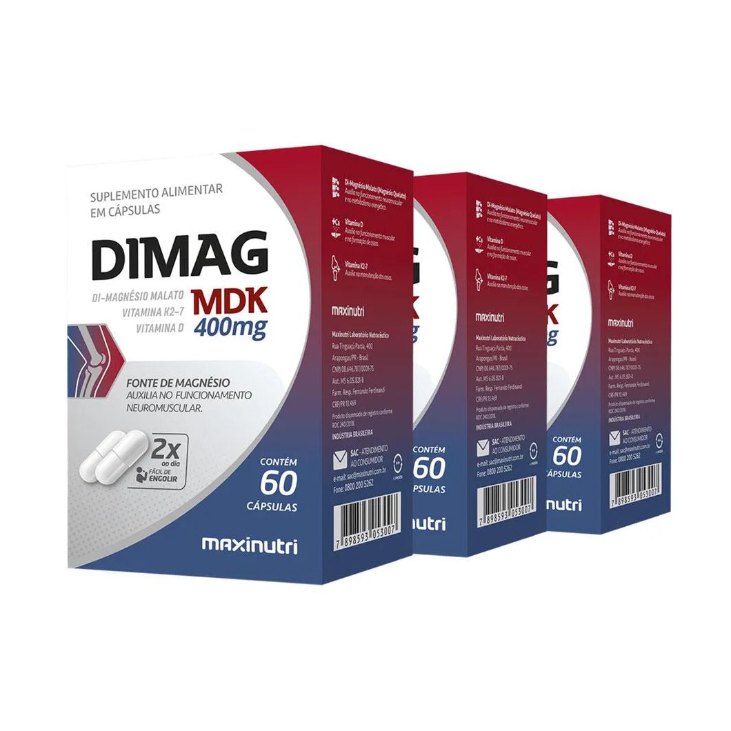 Kit 3 Dimag Mdk Di-magnésio Malato Vitamina D3 e K2-7 60 cápsulas Maxinutri