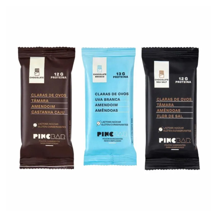 Kit Barras de Proteínas Pincbar 50g Chocolate + Sea Salt + Chocolate Branco