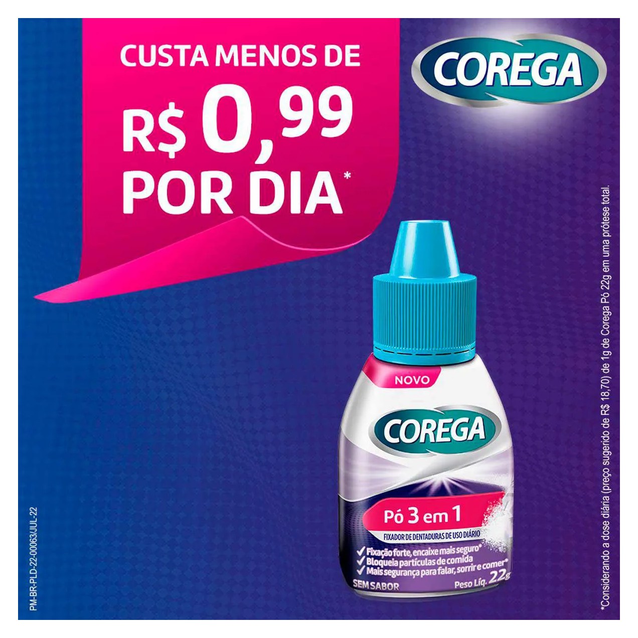 Pó Fixador de Dentaduras Corega 3 em 1 Sem Sabor 22g