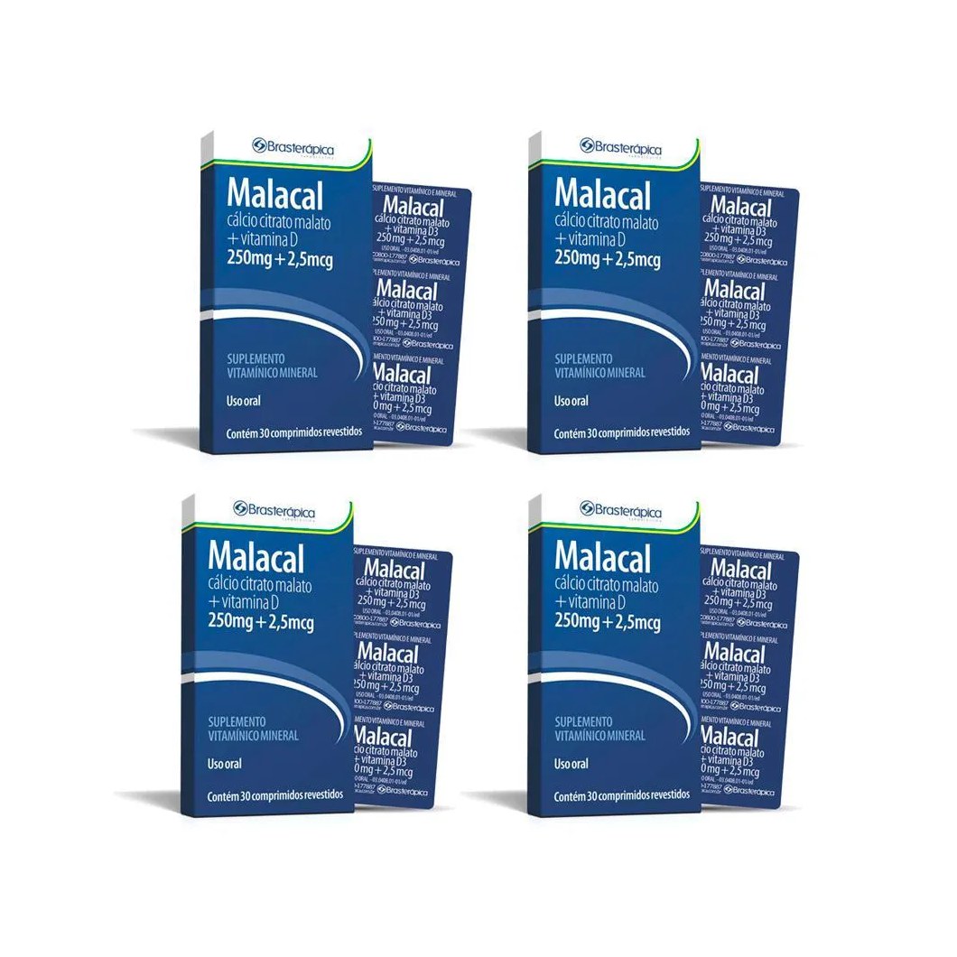 Kit 4 Malacal 250/2 905 Mg 30 Cp Calcio Vit D3 Brasterapica