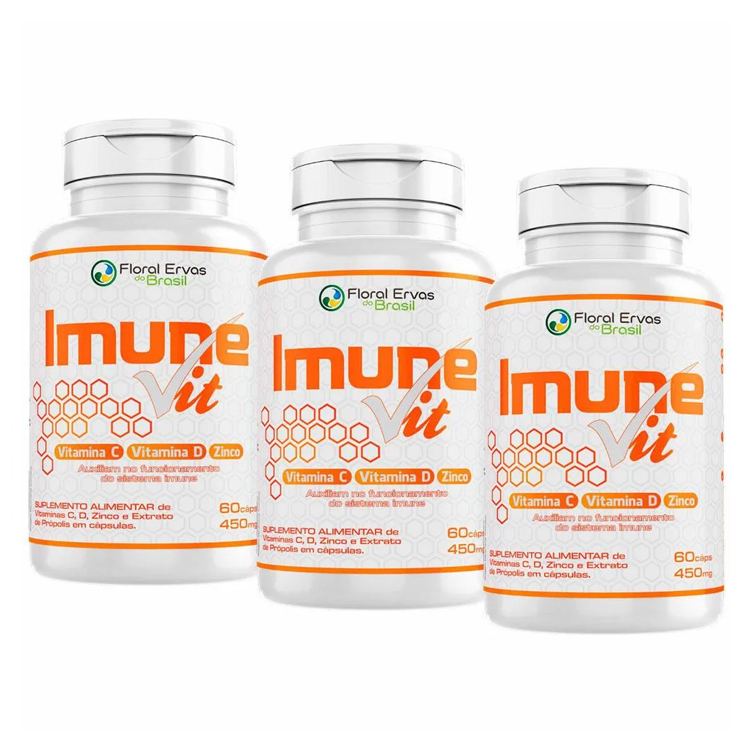 Kit 3x Imune Vit - Vit C + Vit D + Zinco - (60 cápsulas Cada) - Floral Ervas do Brasil