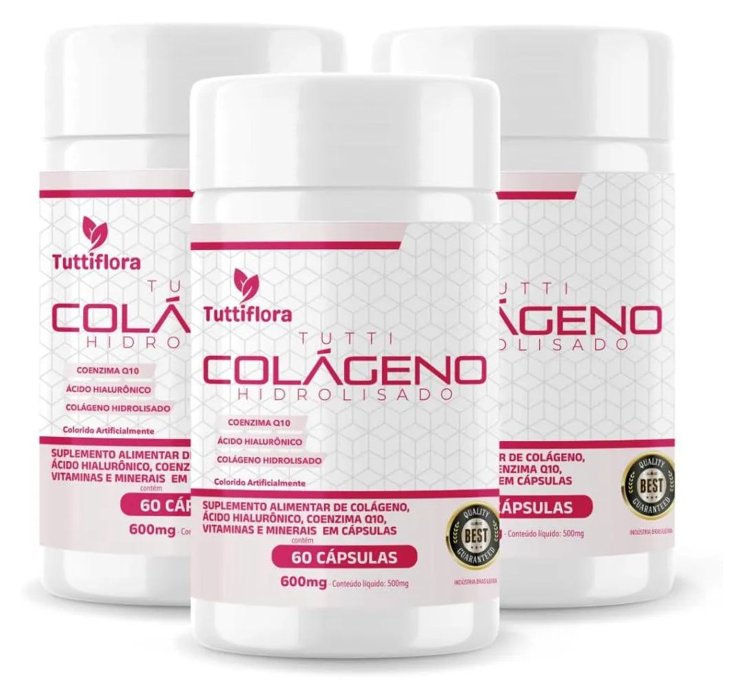 Kit com 03 - Colágeno Hidrolisado + Ácido Hialurônico + Q10 + Biotina + Vit 60 cápsulas 600mg Tuttiflora