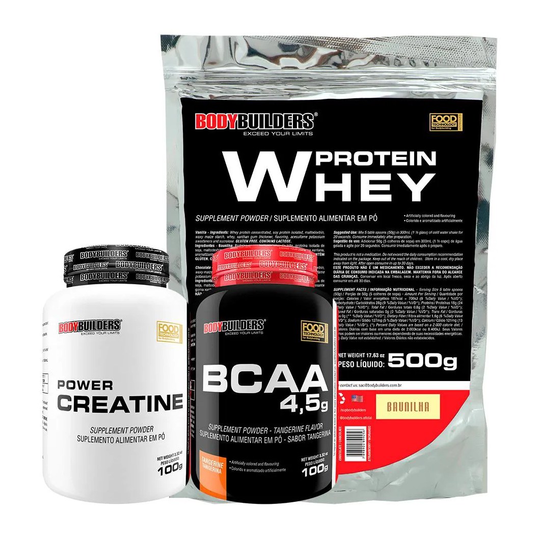 Kit Whey Proten 500g + Bcaa 100g+ Power Creatina 100g - Bodybuilders Baunilha