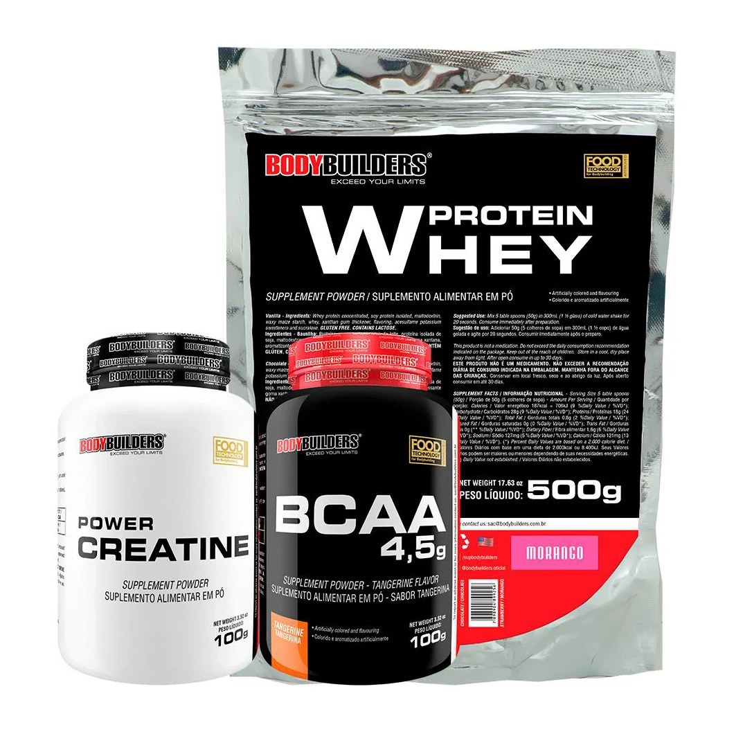 Kit Whey Proten 500g + Bcaa 100g+ Power Creatina 100g - Bodybuilders Morango