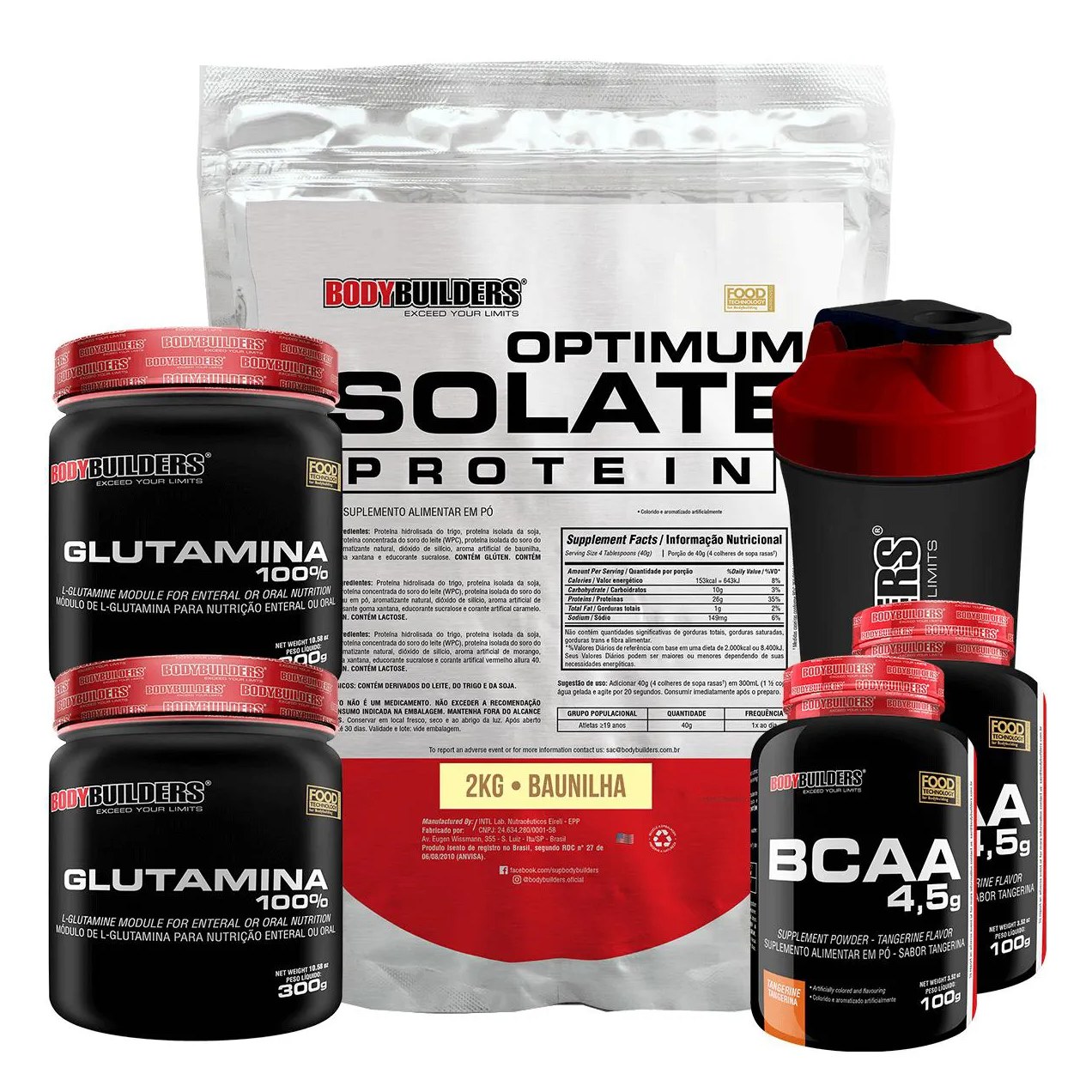 Kit Optimum Isolate Whey Protein 2kg + 2x Bcaa 100g + 2x Glutamina 300g + Coqueteleira - Bodybuilders Morango