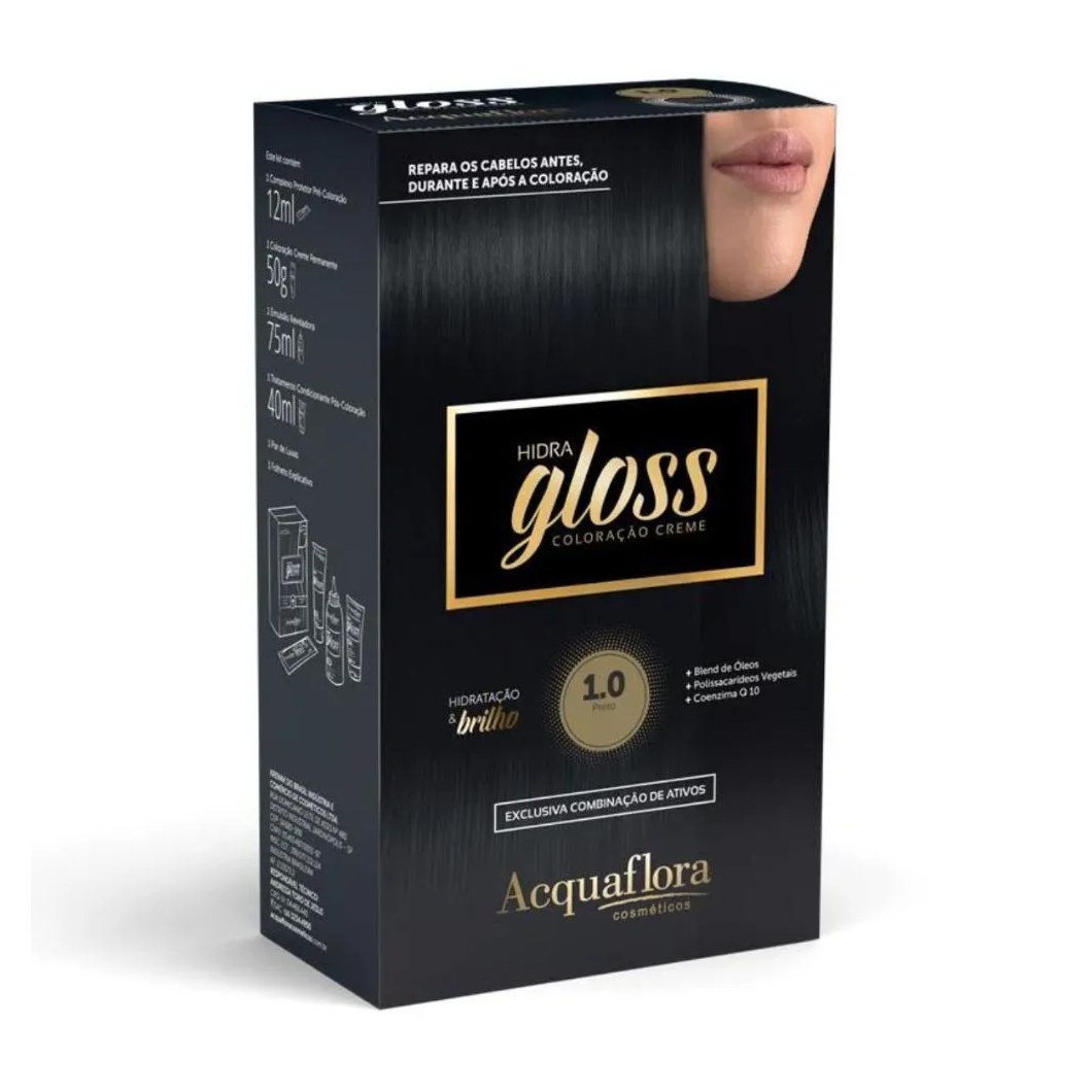 Coloração Creme Acquaflora Kit Hidra Gloss 1.0 Preto