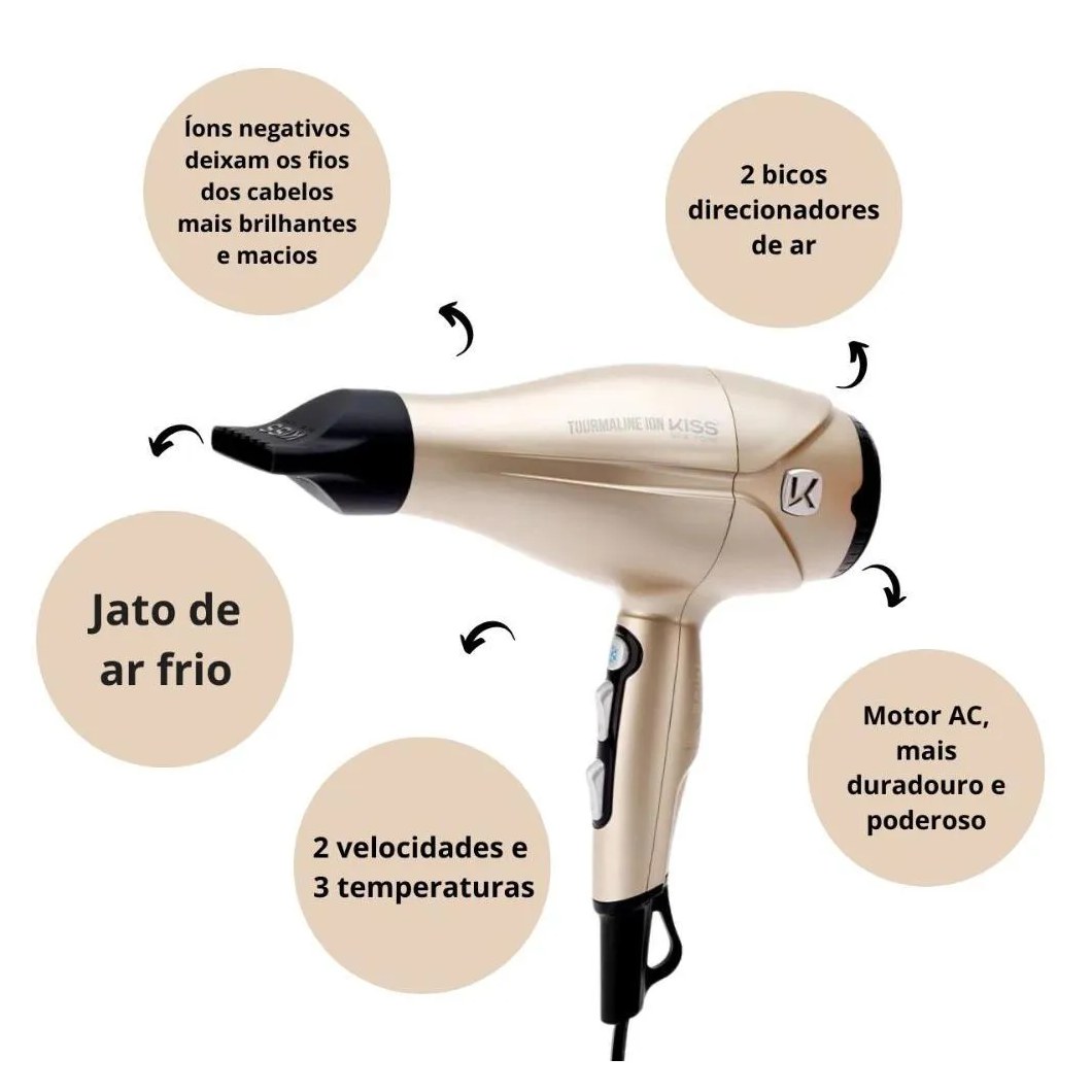 Secador Kiss New York Tourmaline Ion Dourado 2000w 127v Bdp06pbr
