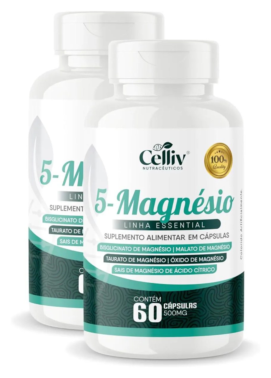 2X 5-MAGNéSIO (BISGLICINATO, MALATO, TAURATO, ÓXIDO E SAIS DE MAGNéSIO) 60 CAPS 500MG CELLIV