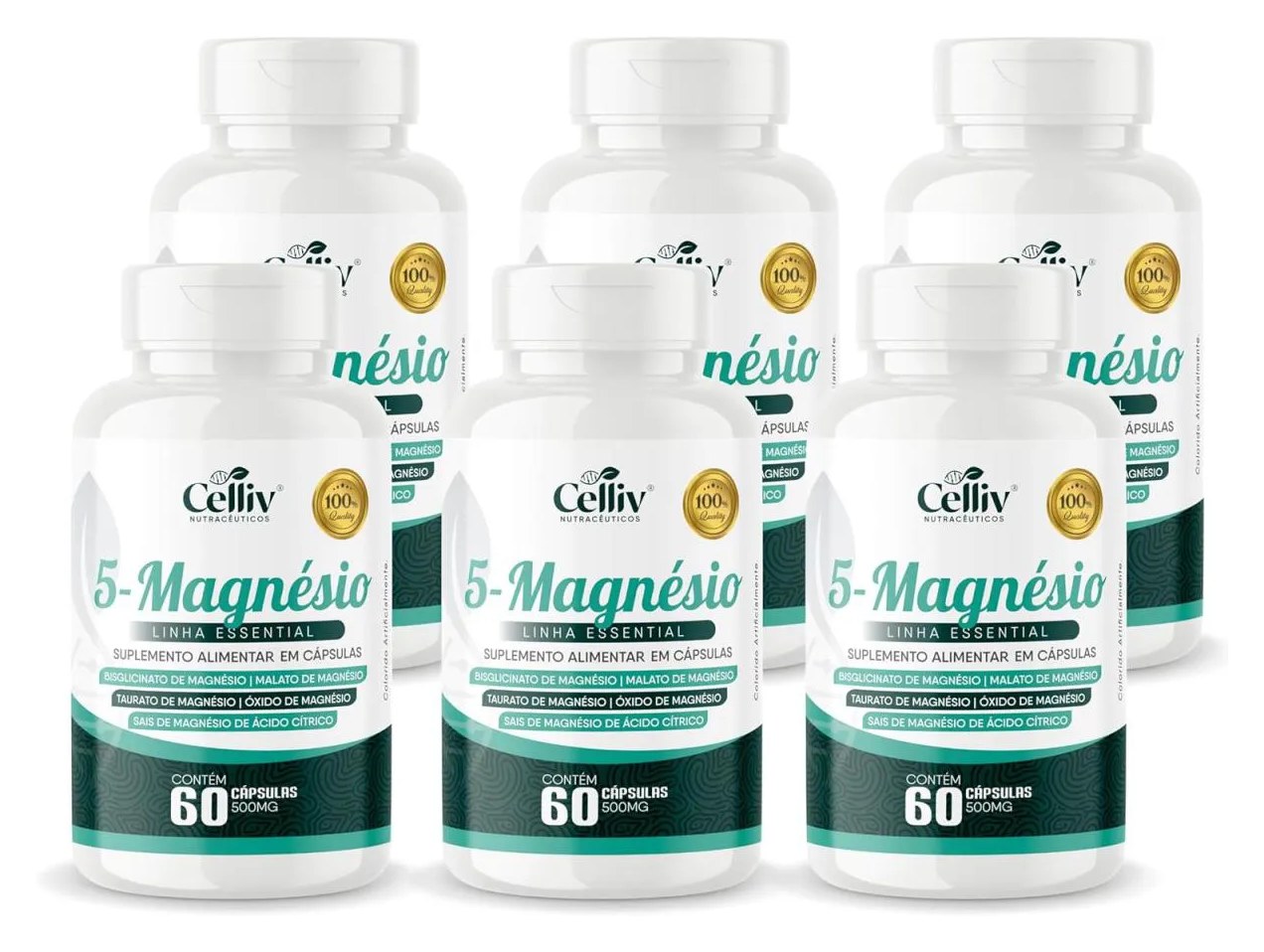 6X 5-MAGNéSIO (BISGLICINATO, MALATO, TAURATO, ÓXIDO E SAIS DE MAGNéSIO) 60 CAPS 500MG CELLIV