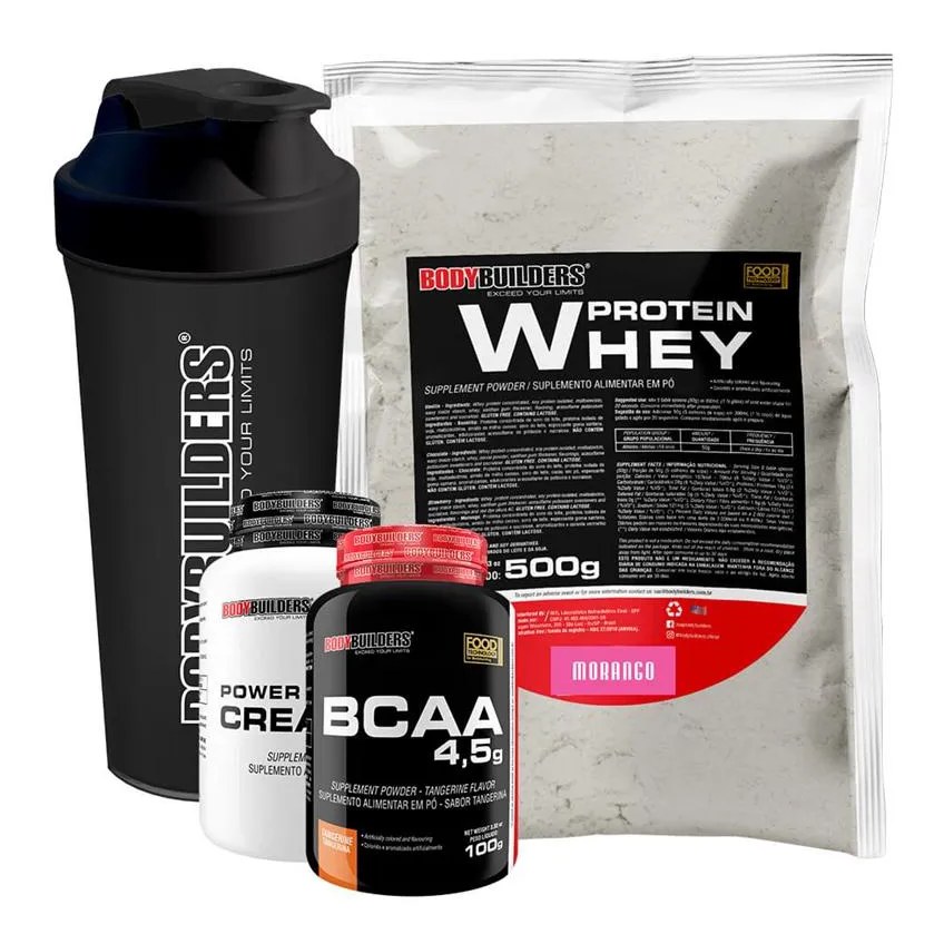 Kit Whey Protein 500g + Bcaa 4,5 100g + Power Creatine 100g + Coqueteleira – Bodybuilders Morango