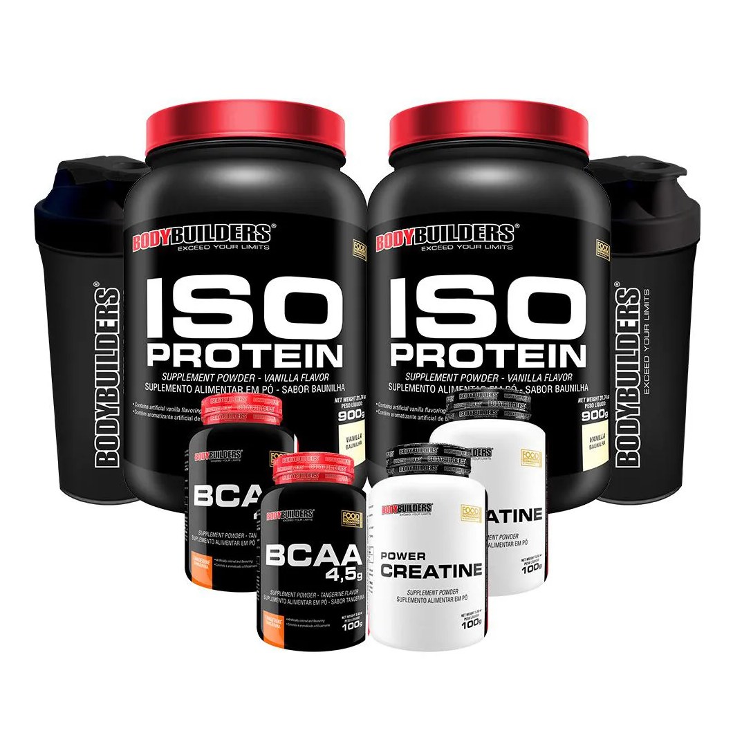 Kit 2x Iso Protein 900g + 2x Bcaa 4.5 100g + 2x Power Creatina 100g + 2x Coqueteleira - Bodybuilders Baunilha