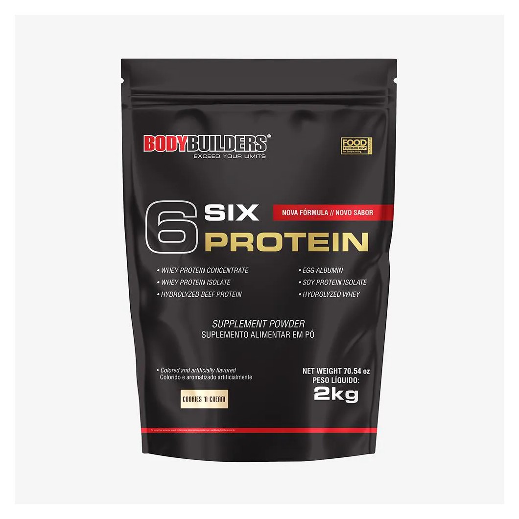 Whey Protein Concentrado 6 Six Protein 2kg - Ganho de Massa Muscular Magra e Força Muscular – Bodybuilders Cookies Amp