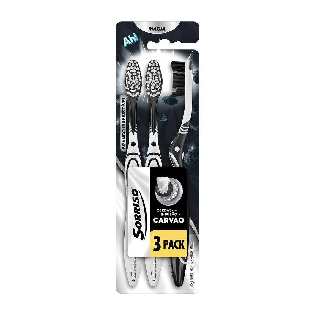 Escova Dental Sorriso Macia Infusão De Carvão Branco Irresistível 3 Unidades