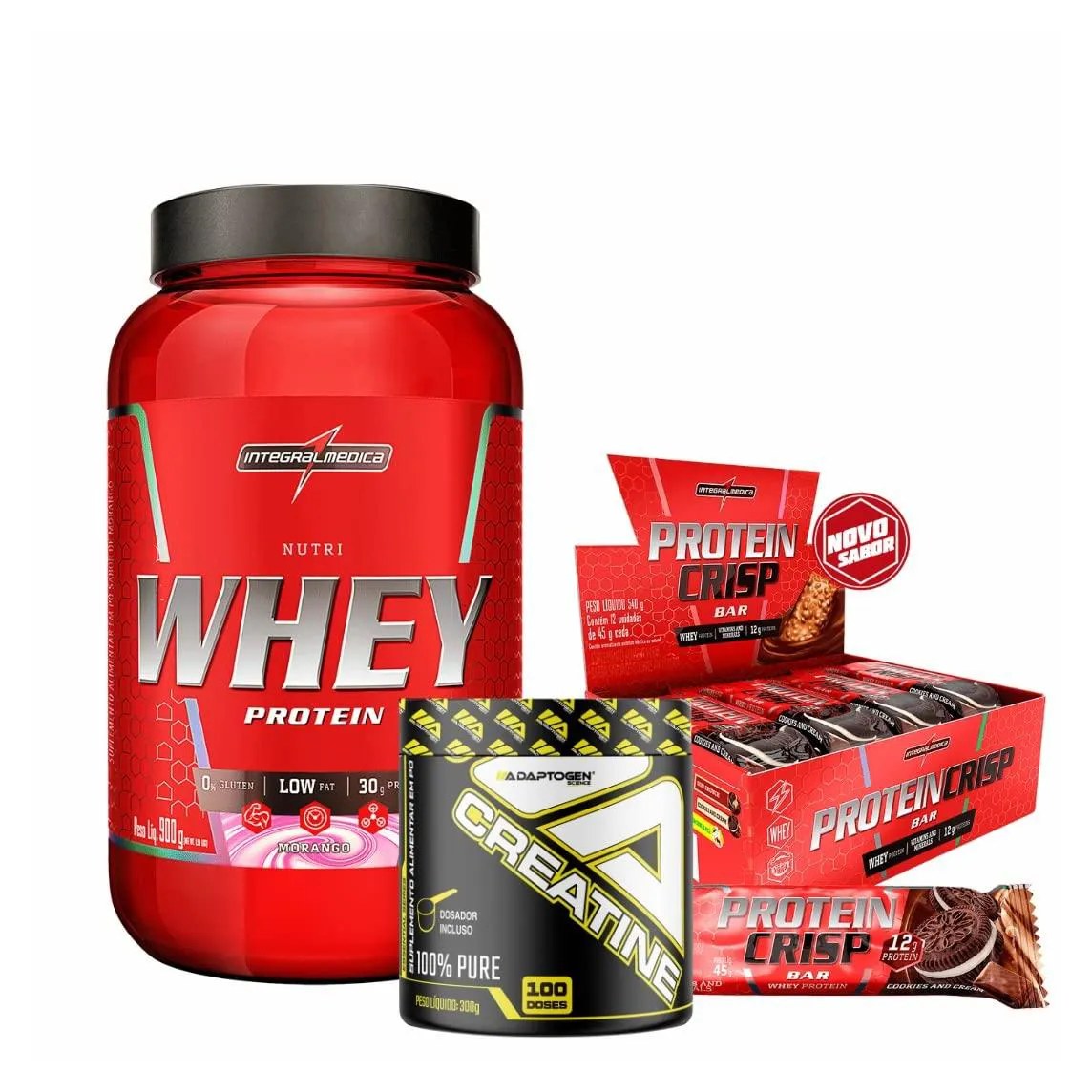 NUTRI WHEY PROTEIN 900G MORANGO + PROTEIN CRISP BAR 45G COOKIES + CREATINA