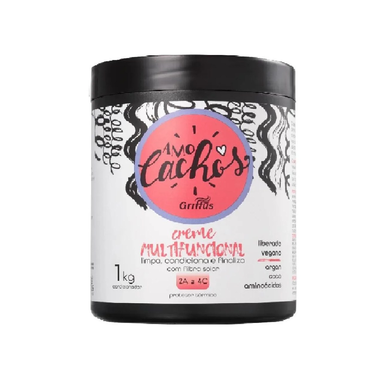 Creme multifuncional limpa, condiciona e finaliza 2a a 4c vegano amo cachos griffus 1kg