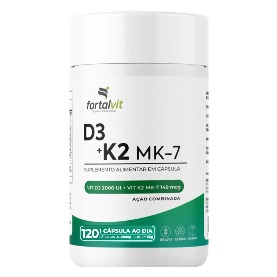 D3 2000UI + Vitamina K2 (Menaquinona-7), 120 Cápsulas, 4 meses, Ação Combinada, Fortalvit