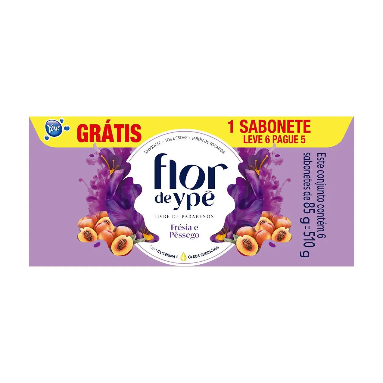 Kit Sabonete em Barra Flor de Ypê Frésia e Pêssego 6 unidades de 85g cada