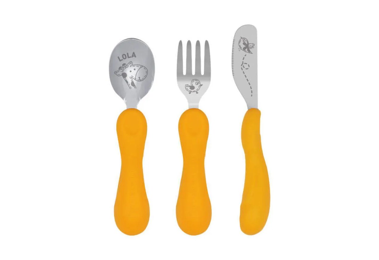Jogo Anatômico Colher Garfo e Faca com Inox Girafa Lola 3pcs (em Silicone e Inox) - Marcus & Marcus