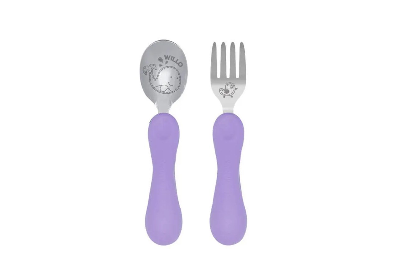 Jogo Anatômico Colher e Garfo com Inox Baleia Willo 2pcs (em Silicone e Inox) - Marcus & Marcus