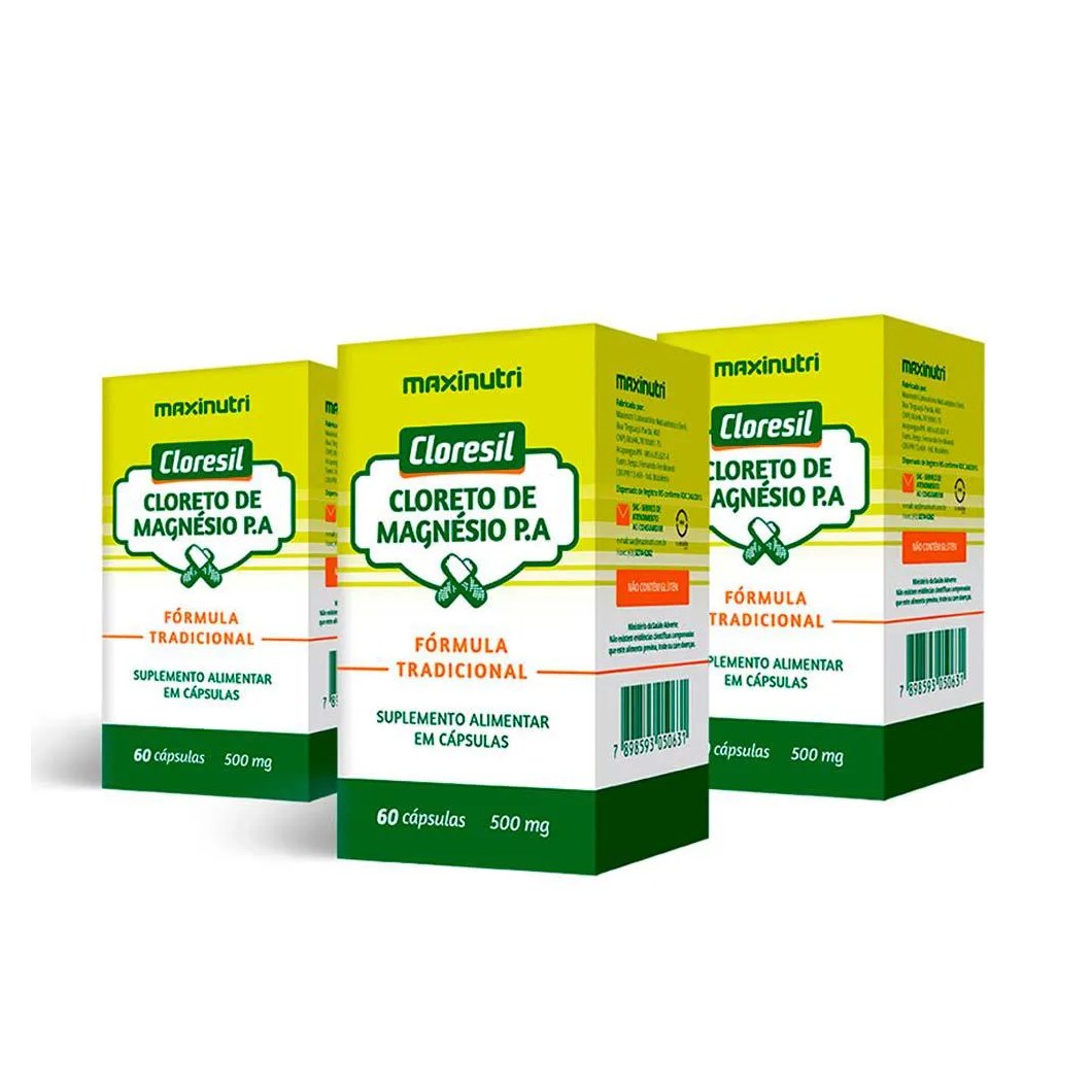 Kit 3 Cloresil Cloreto Magnésio 500mg 60 Cápsulas Maxinutri