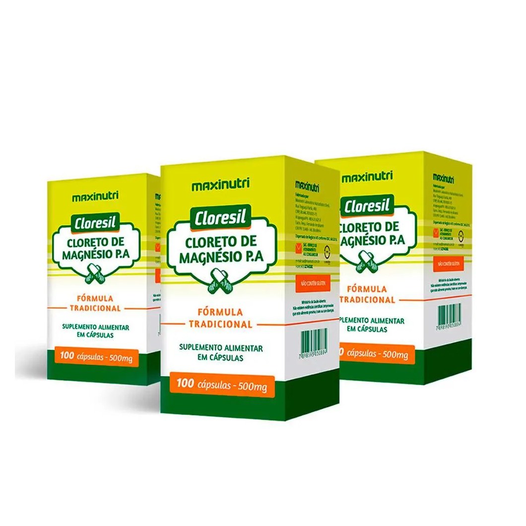 Kit 3 Cloresil Cloreto Magnésio 500mg 100 Cápsulas Maxinutri