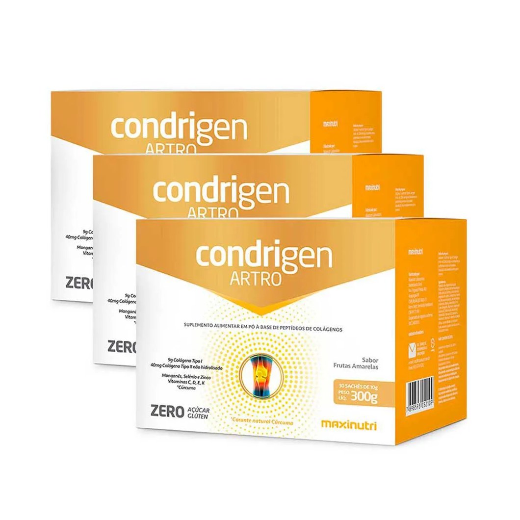Kit 3 Condrigen Artro Colágeno Tipo 1 e 2 Frutas Amarelas 30 Sachês Maxinutri