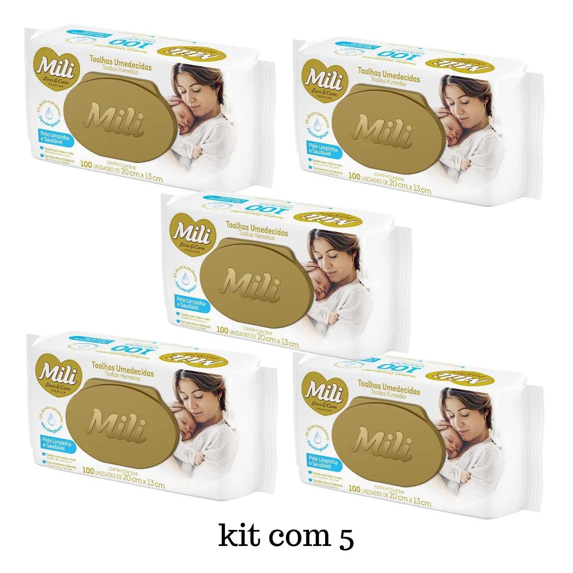 Kit Lenço Umedecido Mili Love e Care Premium 5 Pacotes de 100 unidades