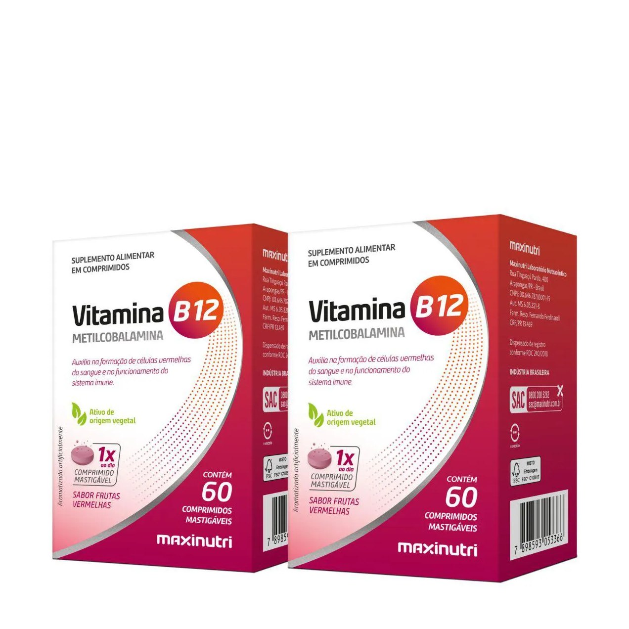 Kit 2 Und - Vitamina B12 Mastigaveis - 120 Gomas - Maxinutri
