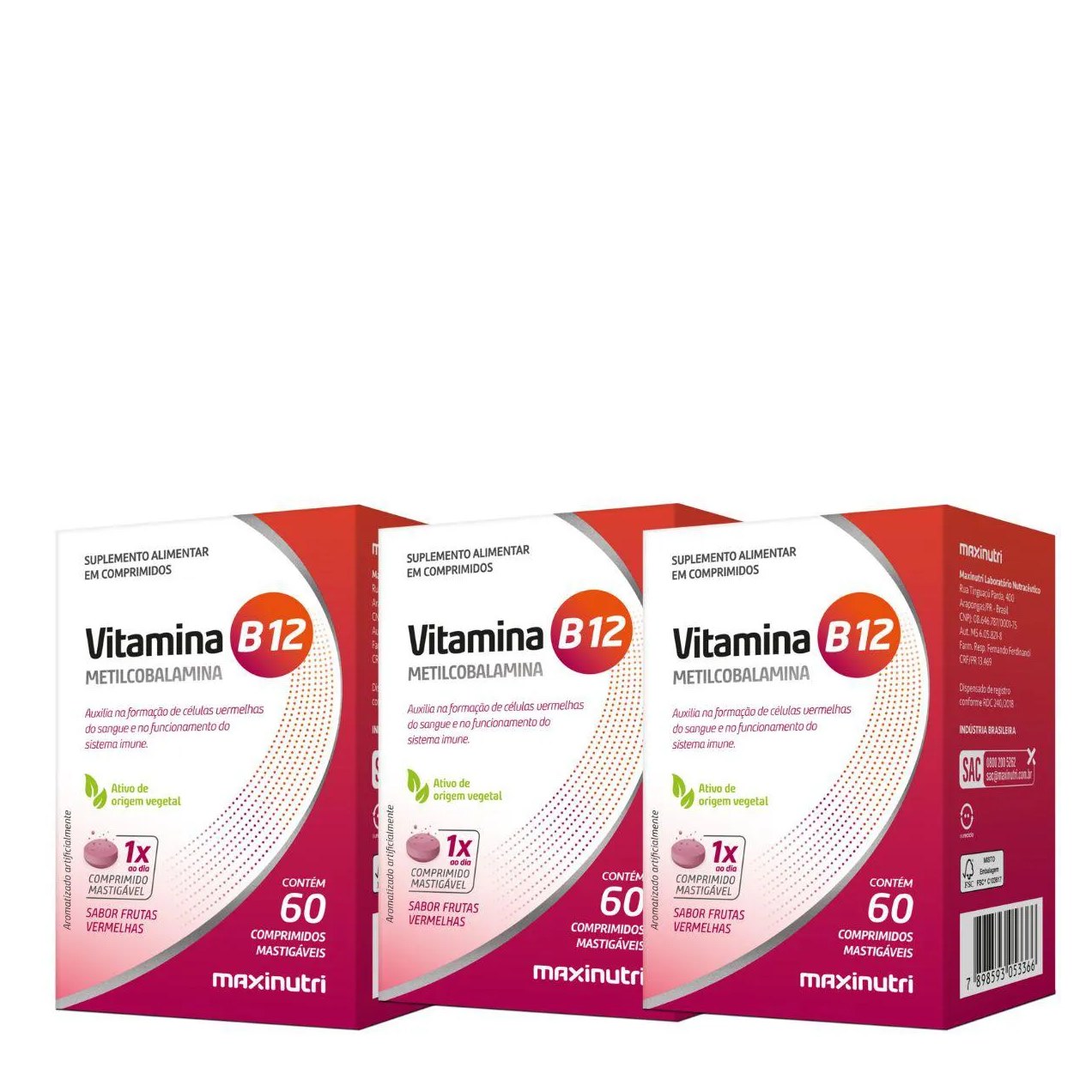 Kit 3 Und - Vitamina B12 Mastigaveis 180 Gomas - Maxinutri