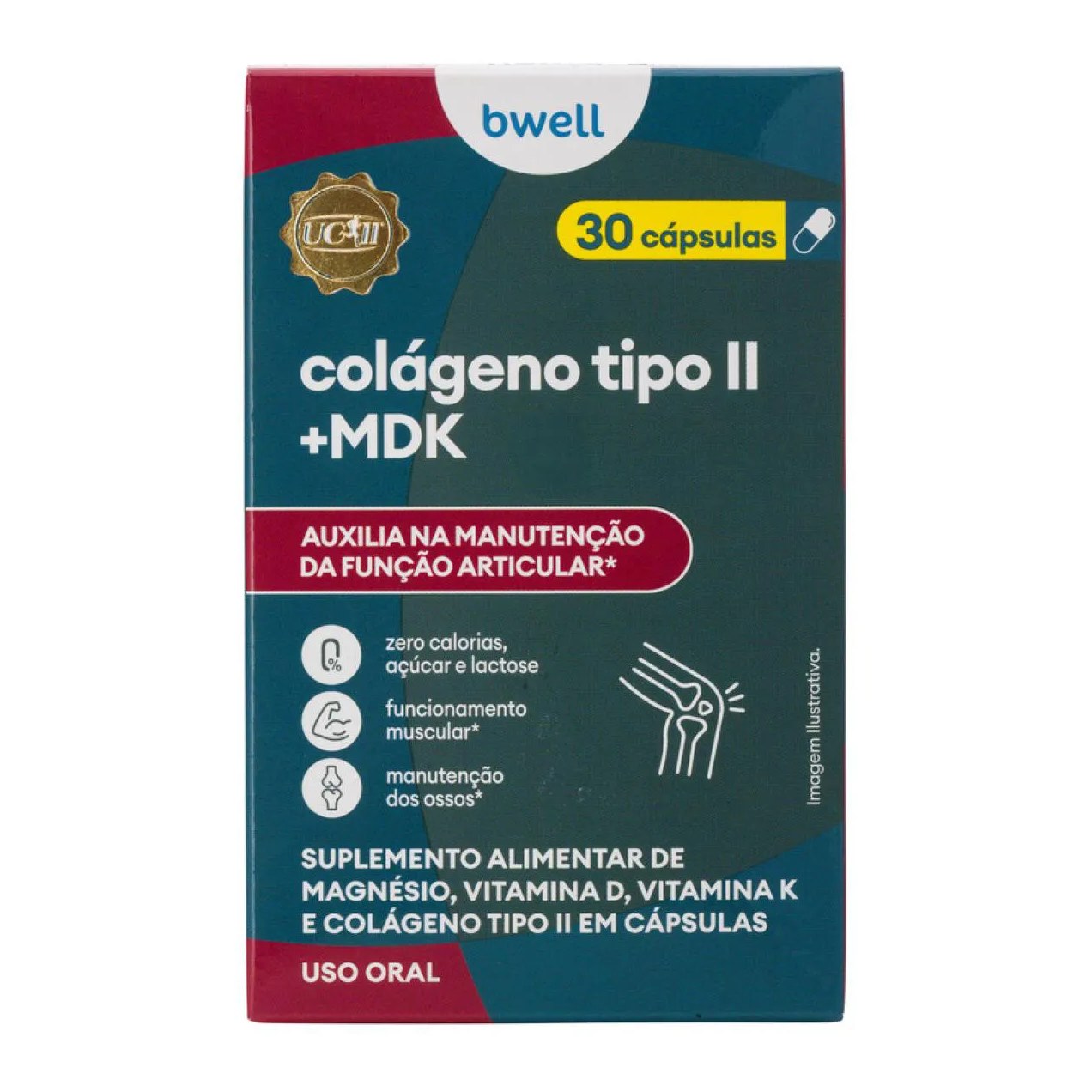 Colágeno Tipo II Bwell MDK Magnésio + Vitamina D e K 30 Cápsulas