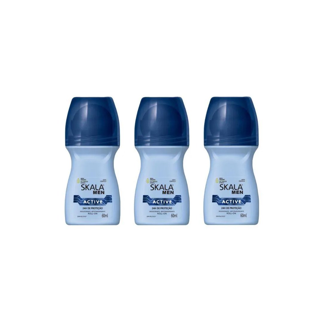 Desodorante Roll - On Skala 60ml Masculino Active - Kit C / 3un