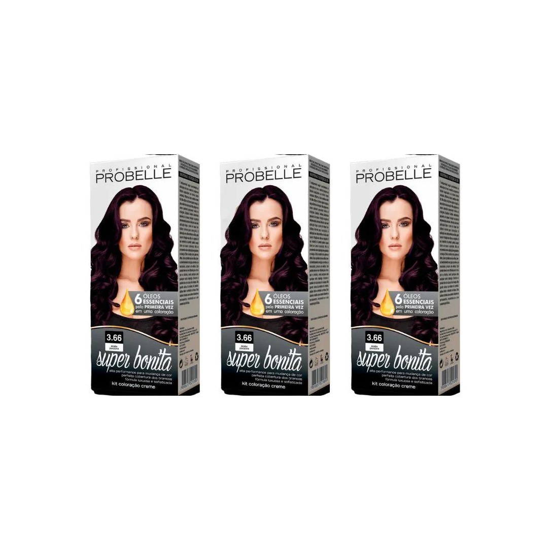 Coloraçao Probelle Super Bonita 3.66 Castanho Purpura - Kit C / 3un