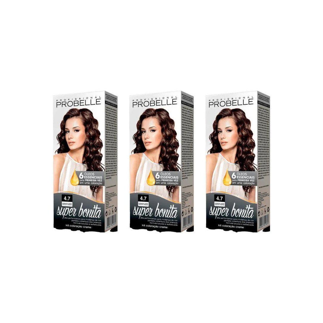 Coloraçao Probelle Super Bonita 4.77 Cast Med Marrom Intenso - Kit C / 3 unidades