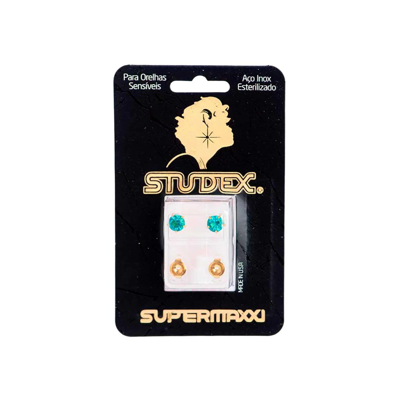 Brinco Studex Supermaxxi Dourado Pedra Verde com 1 par