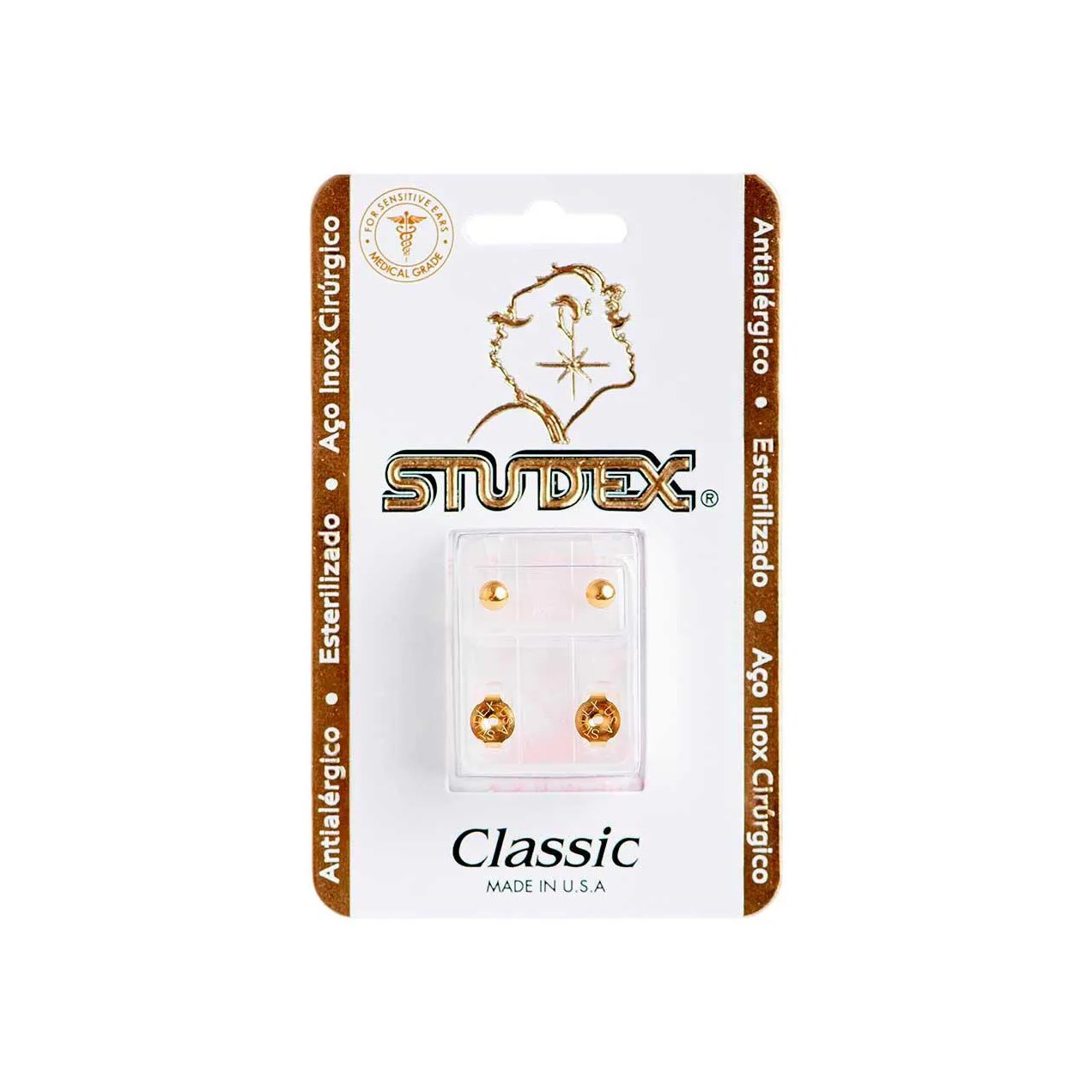 Brinco Antialérgico Studex Classic Bolinha Média Dourada 1 unidade