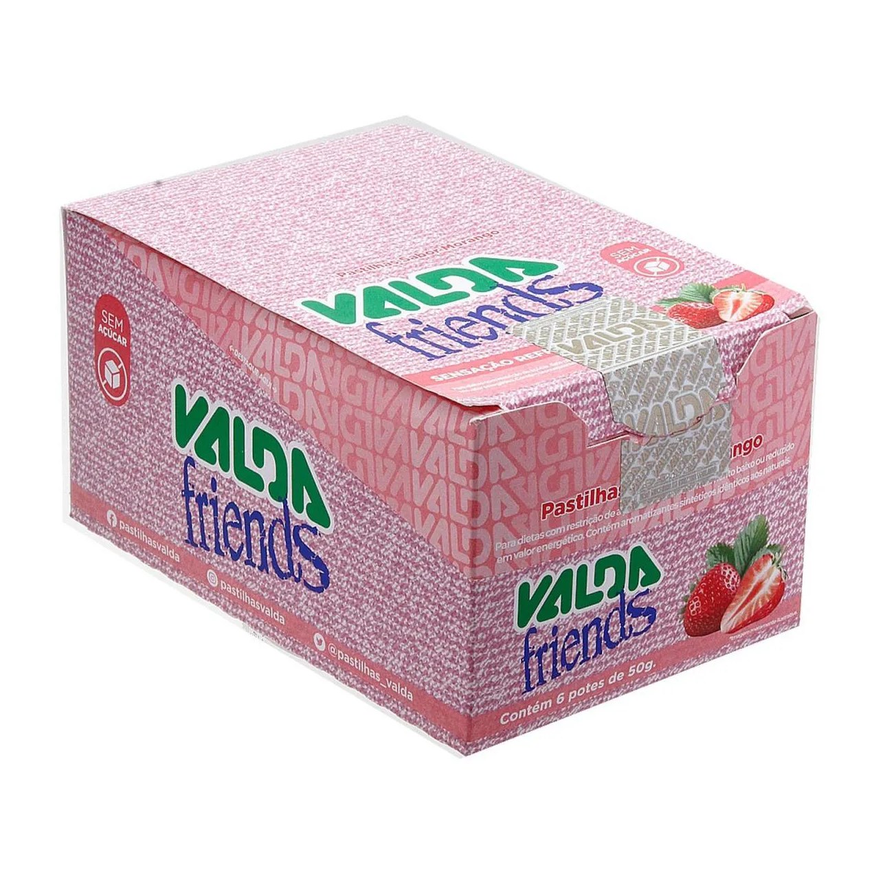 Valda Friends Pastilha de Mentol Sabor Morango sem Açúcar Caixa com 6 Potes de 50g