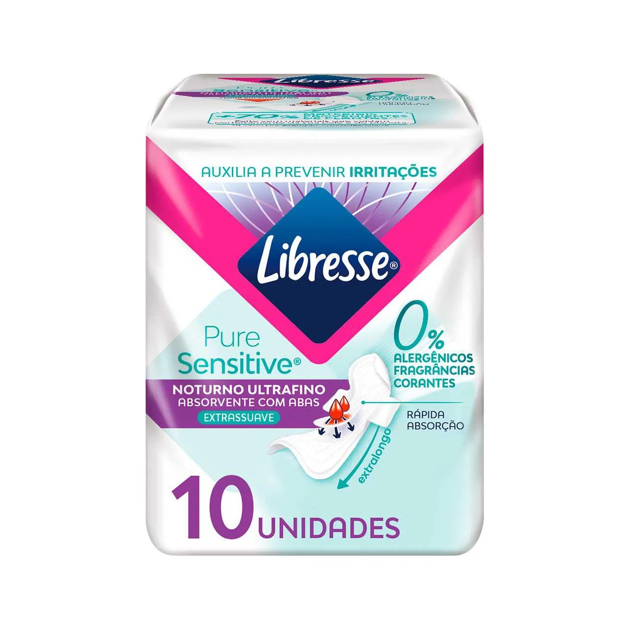 Absorvente Noturno Libresse Pure Sensitive Ultrafino Extra Suave com Abas 10 unidades