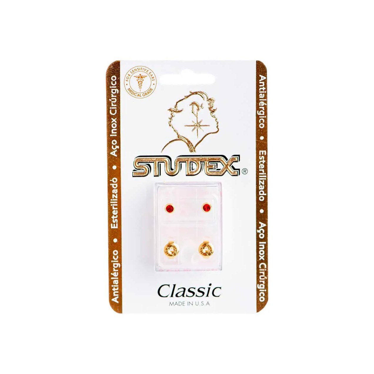 Brinco Antialérgico Studex Classic Bezel Médio Vermelho com Dourado 1 unidade