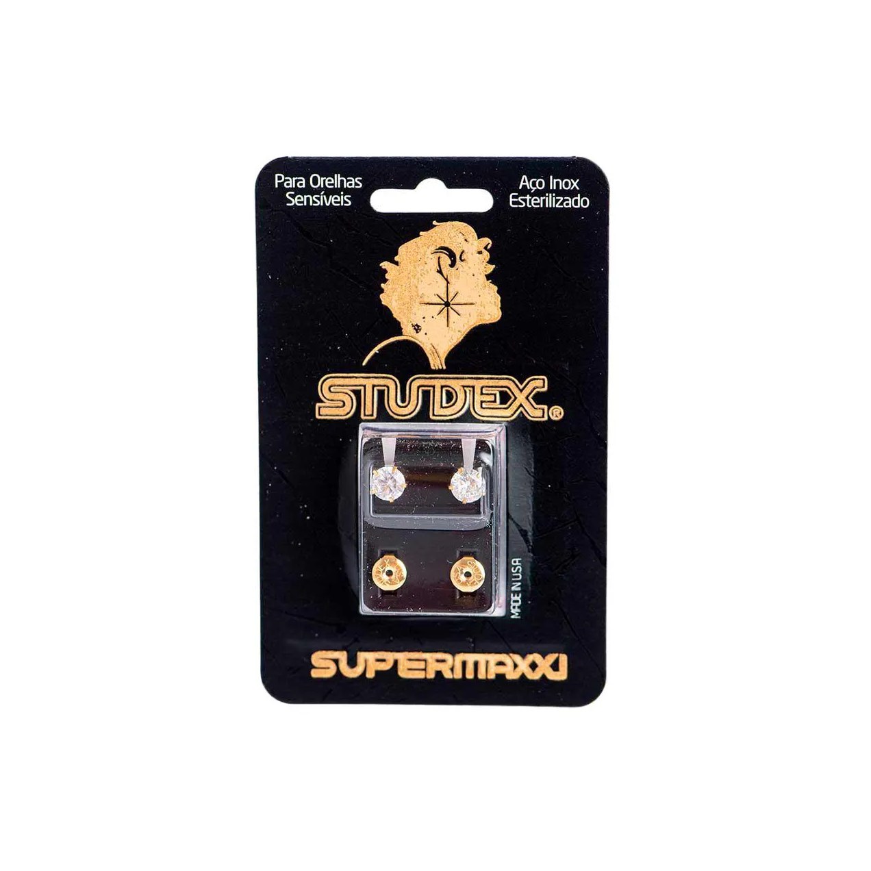 Brinco Studex Supermaxxi Dourado Pedra Branca com 1 par