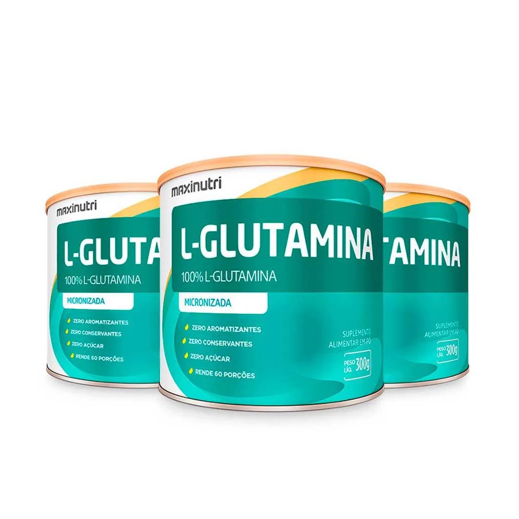 Kit 3 Aminoácido L-glutamina 300g 100% Pura Maxinutri
