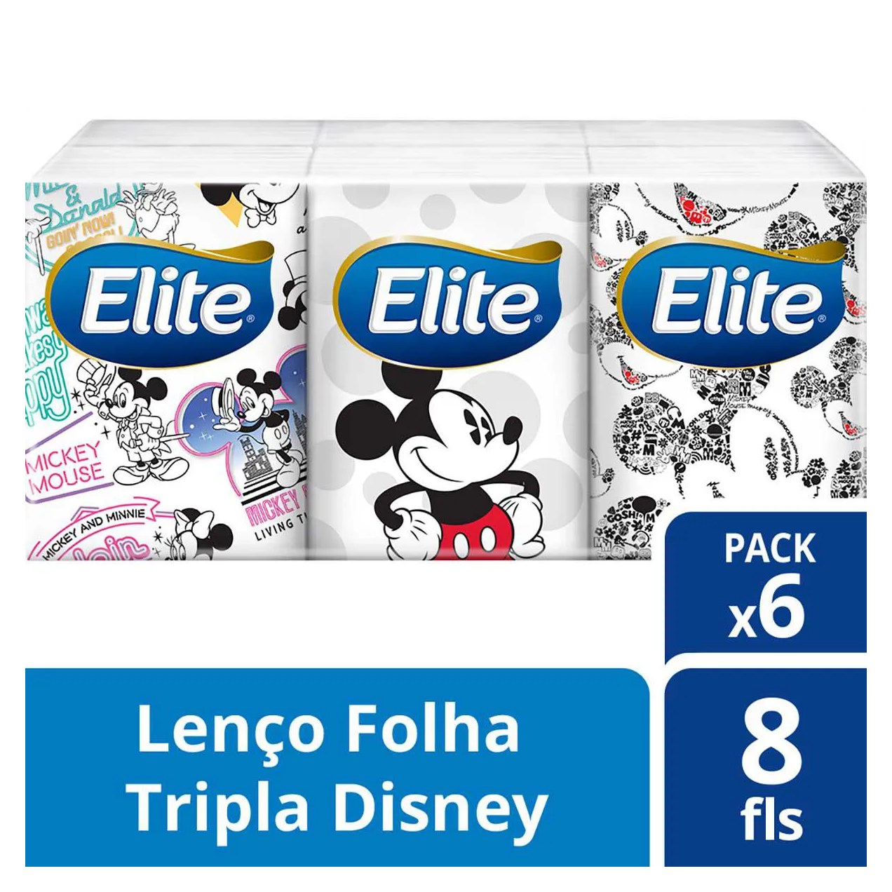 Kit Lenço de Bolso Elite Kids Folha Tripla Mickey 6 unidades