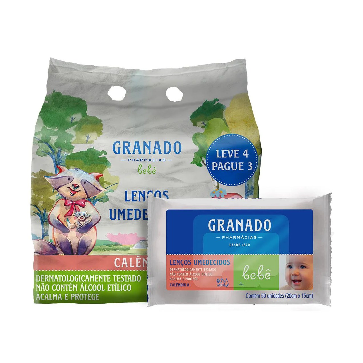 Kit Lenço Umedecido Granado Bebê Calêndula 4 pacotes de 50 unidades cada