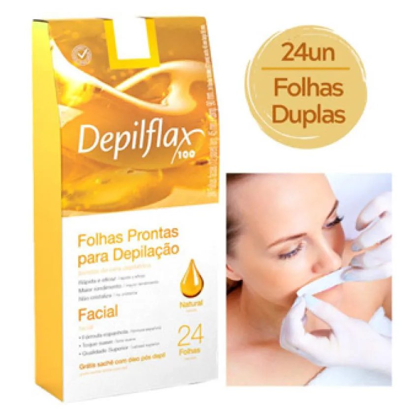 Folhas Prontas Depilatórias Buço e Face Naturais de Mel Depilflax 24 Folhas Duplas Depilação Profissional Pronta para Uso