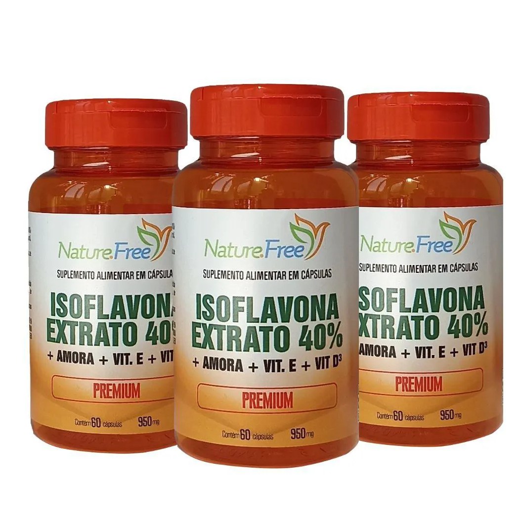 Kit 3 Isoflavona Extrato 40% + Amora + Vit. E + Vit. D³ 60 Cápsulas 950mg