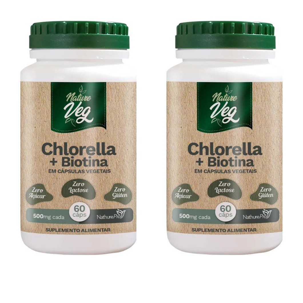 Kit 2 Chlorella + Biotina (produto Vegano) 60 Cápsulas 500mg